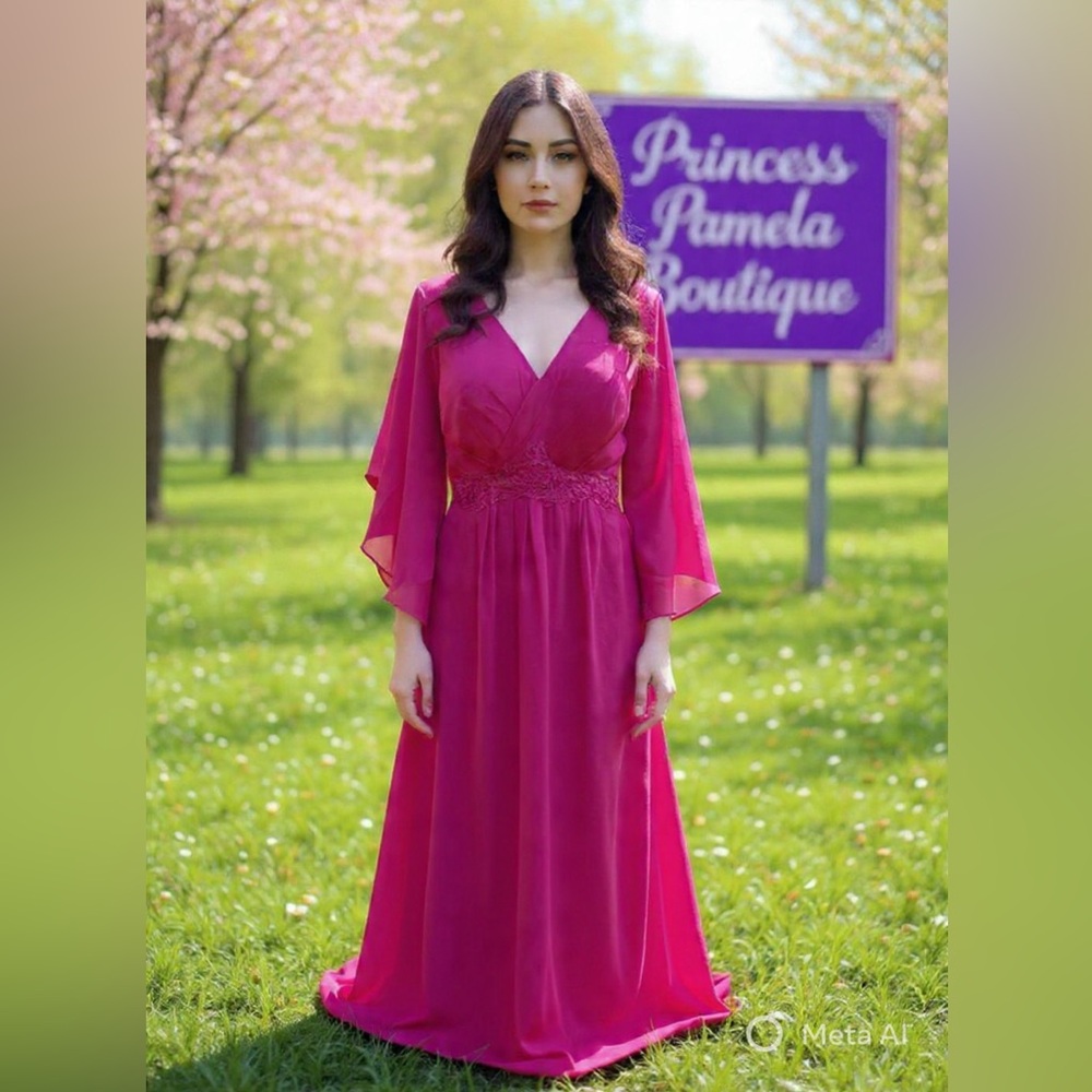 #10 Raspberry V-neck chiffon fluttered sleeves evening dress-1X/Size 16